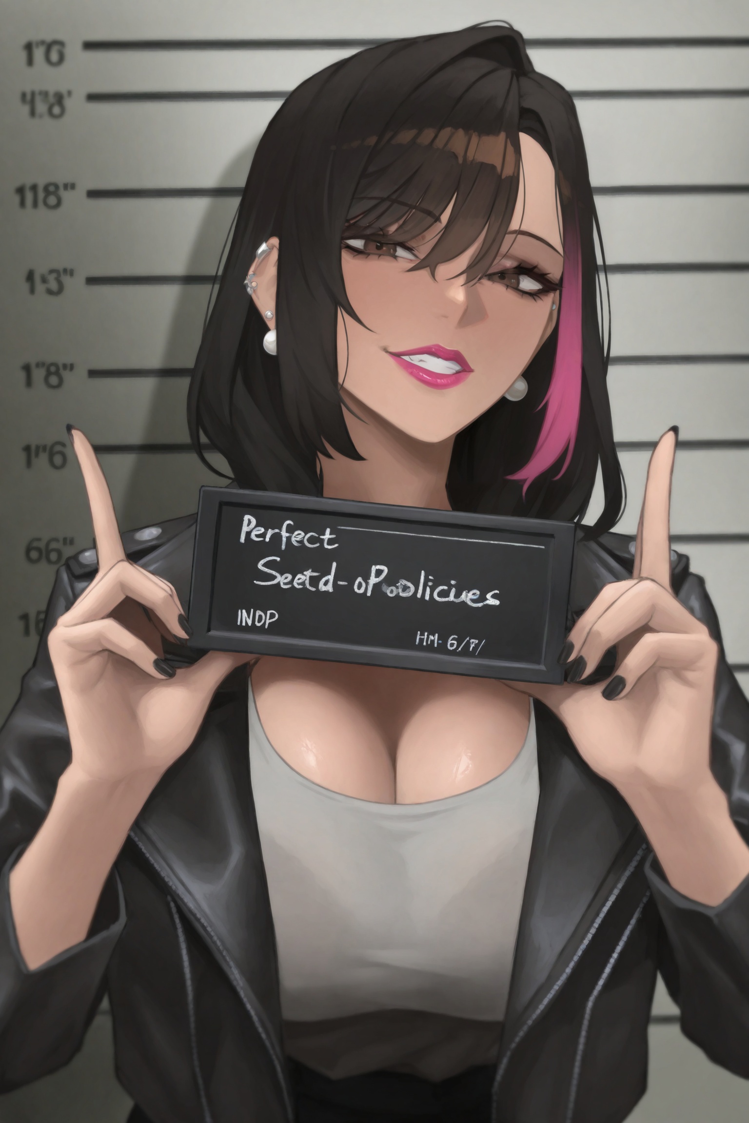 (((***** woman))),  shoulder-up shot,  messy layered black hair with streaks of neon pink on Tensor.Art