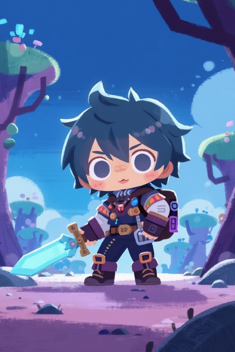 a chibi character in futuristic RPG gear,  glowing sword,  neon accents on Tensor.Art