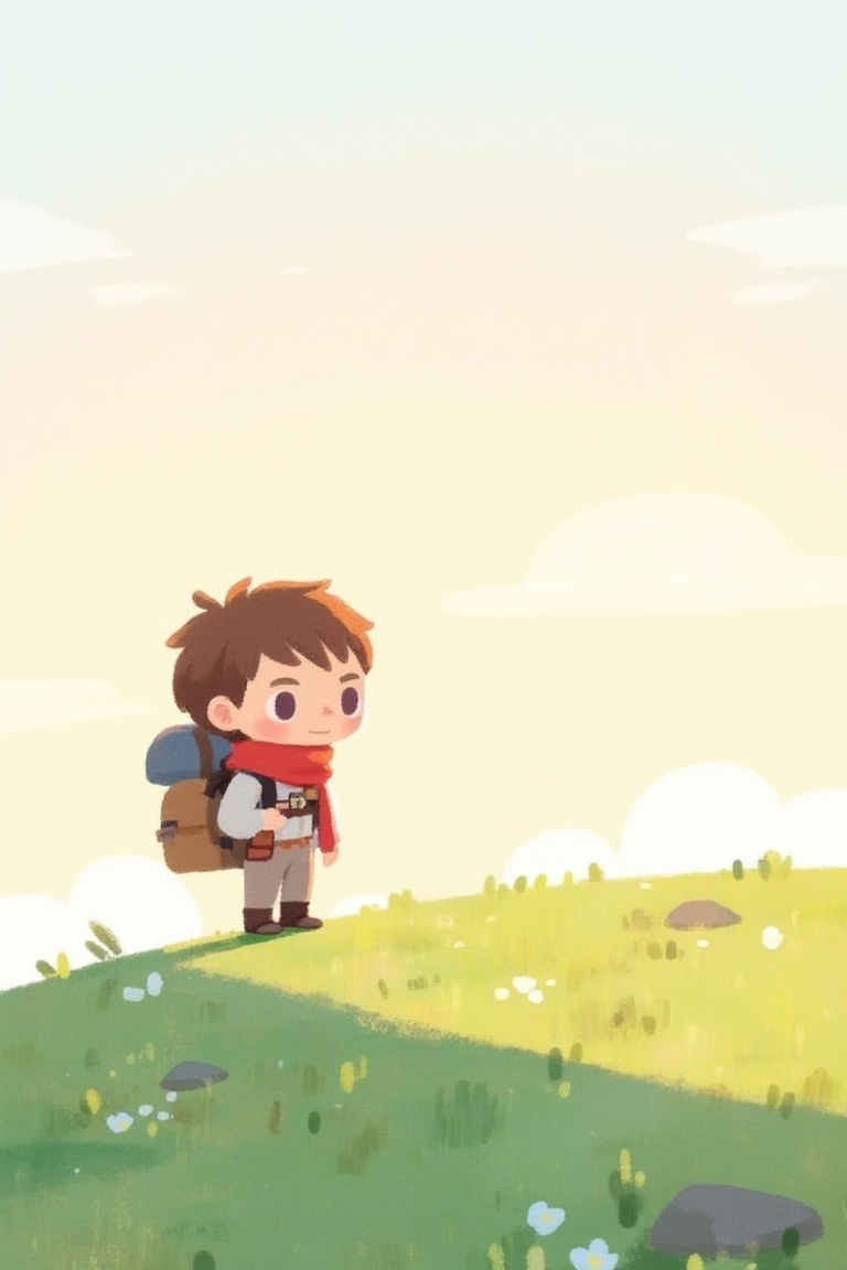 a chibi-style child adventurer with a red scarf and backpack,  standing on a grassy hill under a pastel sky,  soft brushwo...