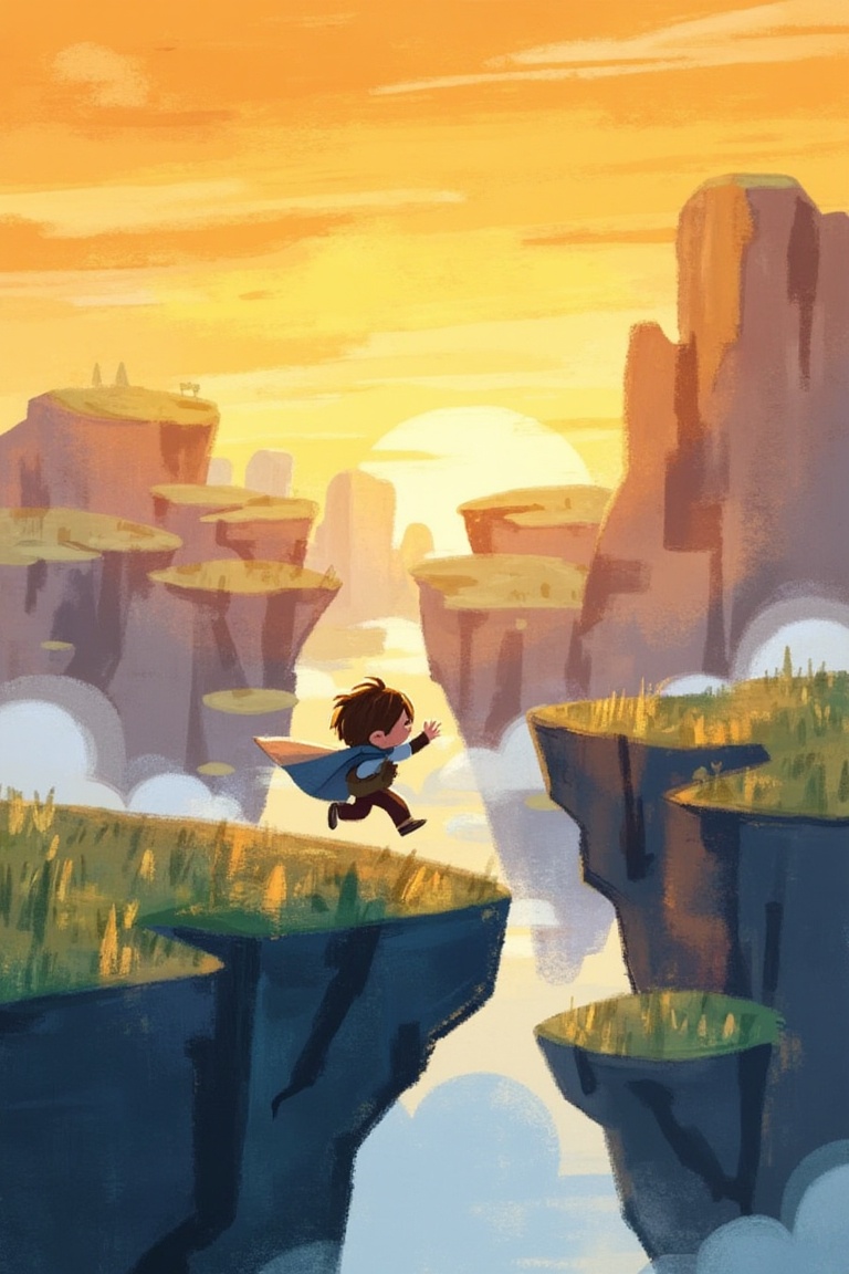 child adventurer leaping across floating sky islands,  cloak fluttering,  golden sunset sky on Tensor.Art