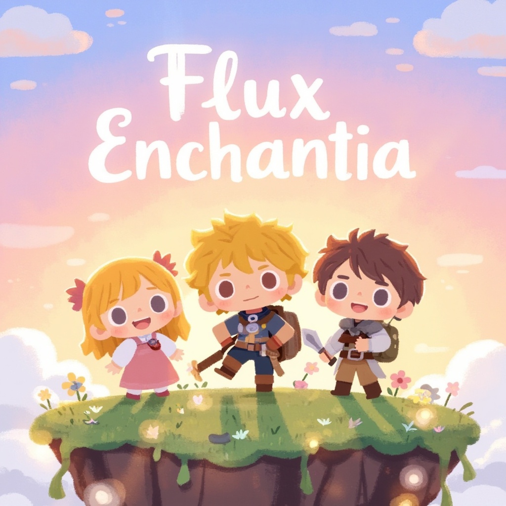 a whimsical chibi-style illustration showing three child adventurers standing close in the foreground on a grassy floating...