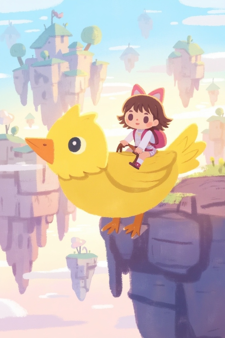 a small girl with cat ears riding a yellow bird creature through a sky of floating islands,  soft pastel colors,  painterl...