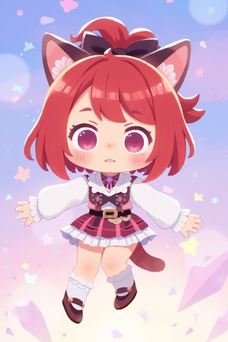 a chibi girl with red ponytail and cat ears,  dreamy lighting,  fantasy clothing on Tensor.Art