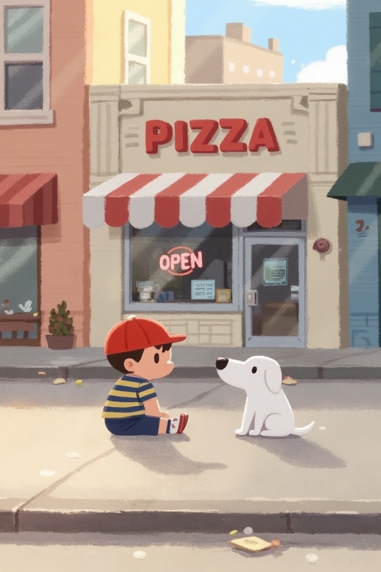 a small boy in a red cap and striped shirt sitting on a quiet sidewalk next to a white dog,  soft shadows,  pastel-toned b...