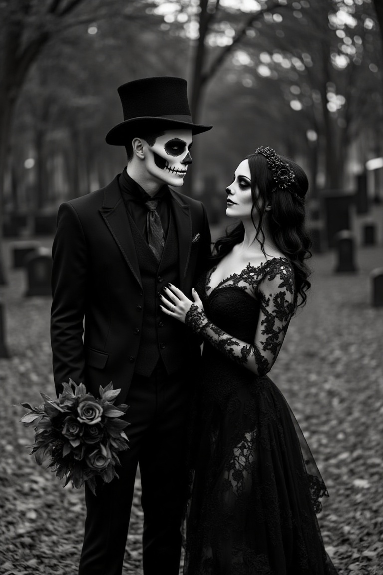 gothic style,  The image is a black and white photograph of a couple dressed up for Halloween. The man is wearing a top ha...