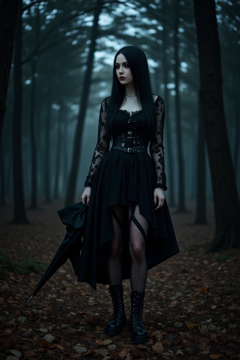 Goth girl standing in a dimly lit,  misty forest clearing,  wearing a black lace dress on Tensor.Art