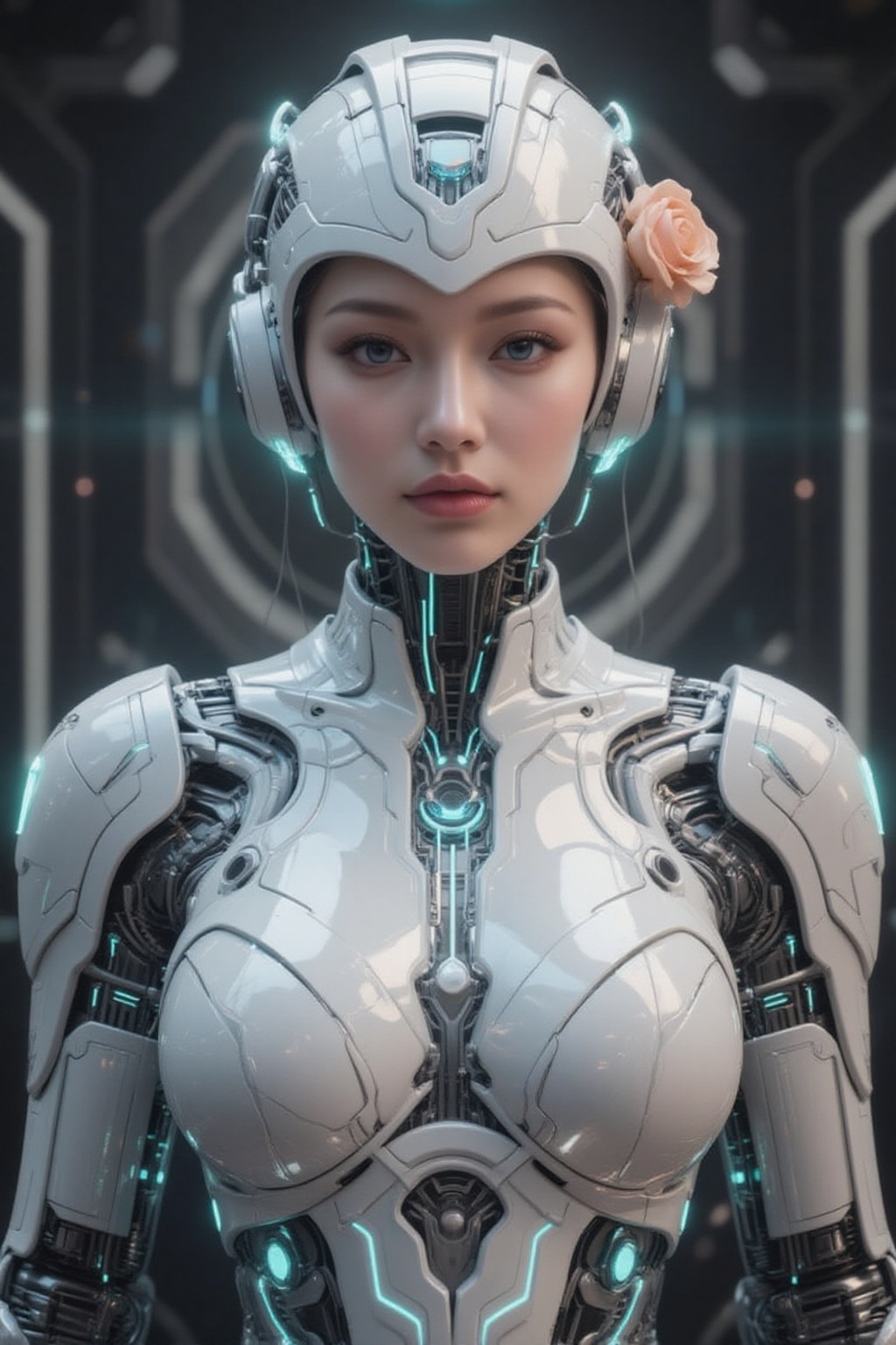 masterpiece,  ultra-detailed,  photorealistic upper body portrait of a futuristic cyborg woman with porcelain skin and pie...