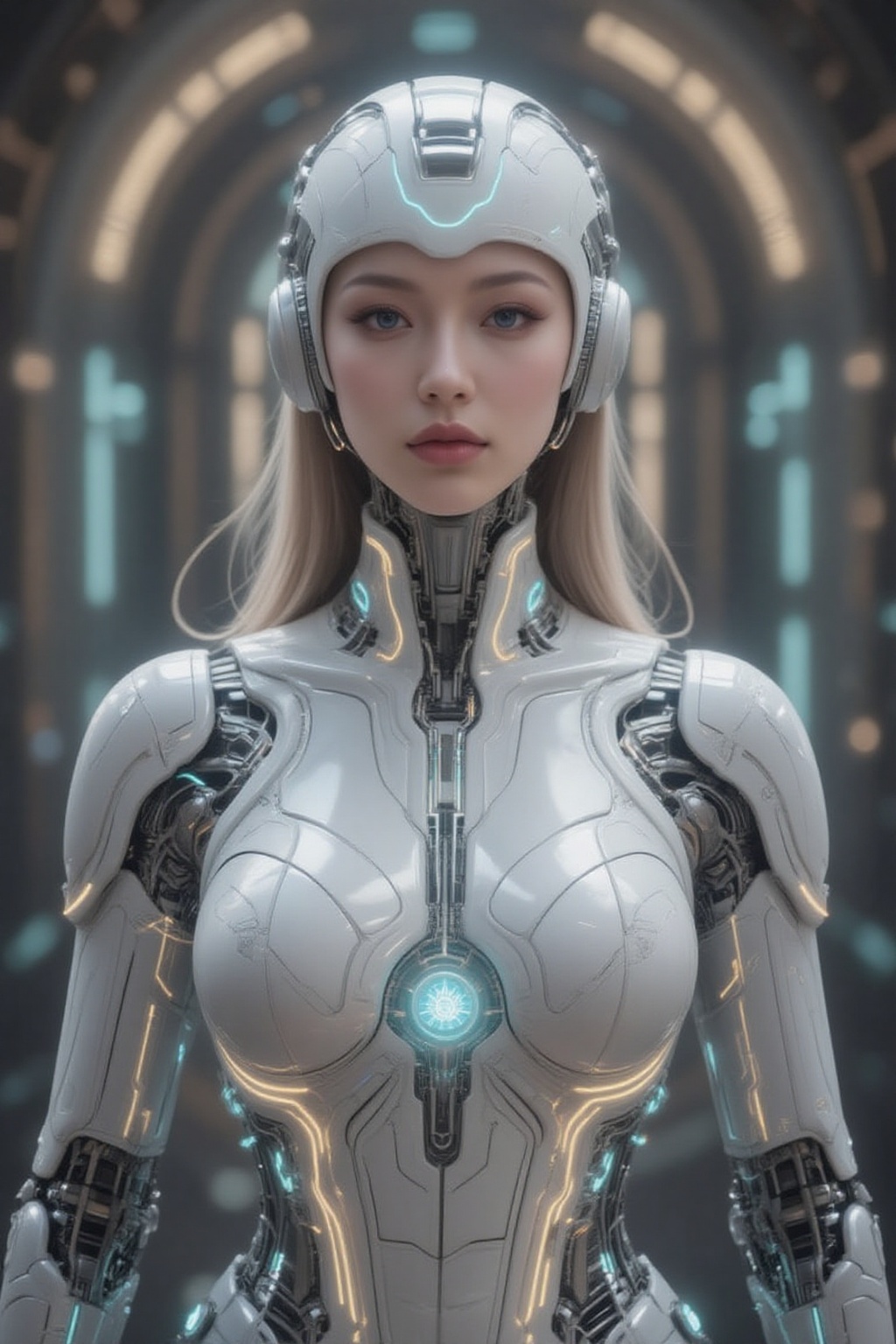 masterpiece,  ultra-detailed,  photorealistic upper body portrait of a futuristic cyborg woman with porcelain skin and pie...