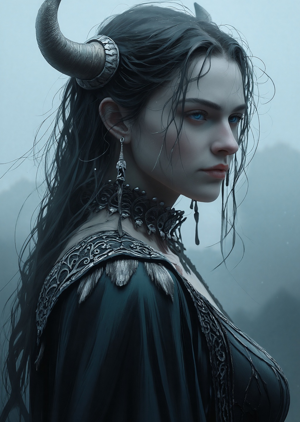 captivating depiction of a woman dressed in wet ancient gothic Viking gown,  stunning wet figure,  adorned with intricate...