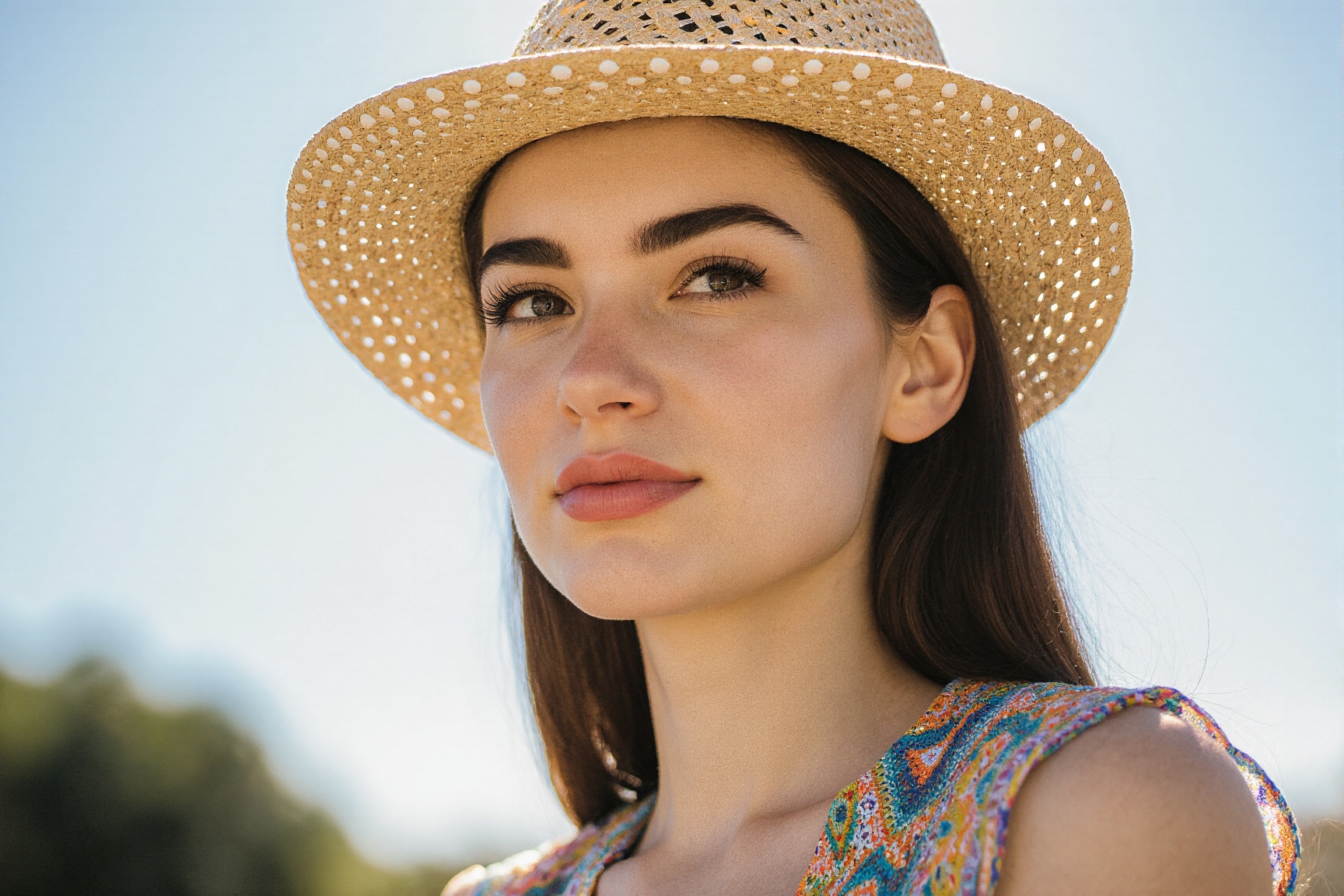 A close-up shot of a woman's face,  adorned with a straw hat. The woman's eyes are squinted with dark brown eyebrows,  and...