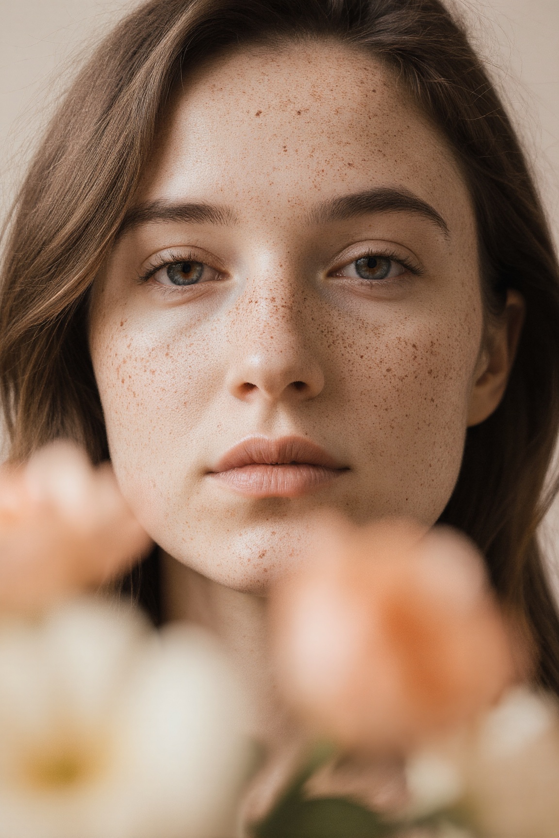 A close-up portrait of a woman with very fair,  freckled skin and hair waves framing her face. Her gaze is direct yet peac...