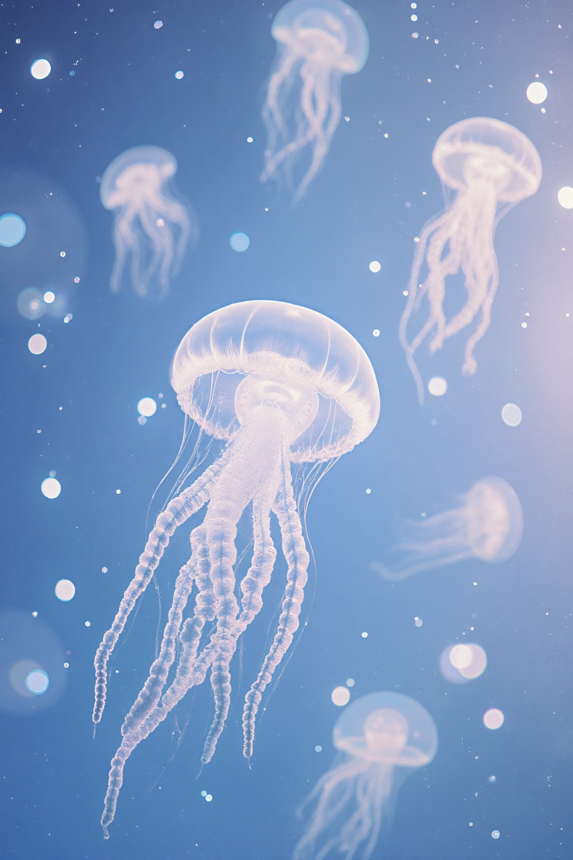 group of glowing transparent jellyfish floating in a sea of twinkling lights,  soft bokeh background in pastel blues and w...