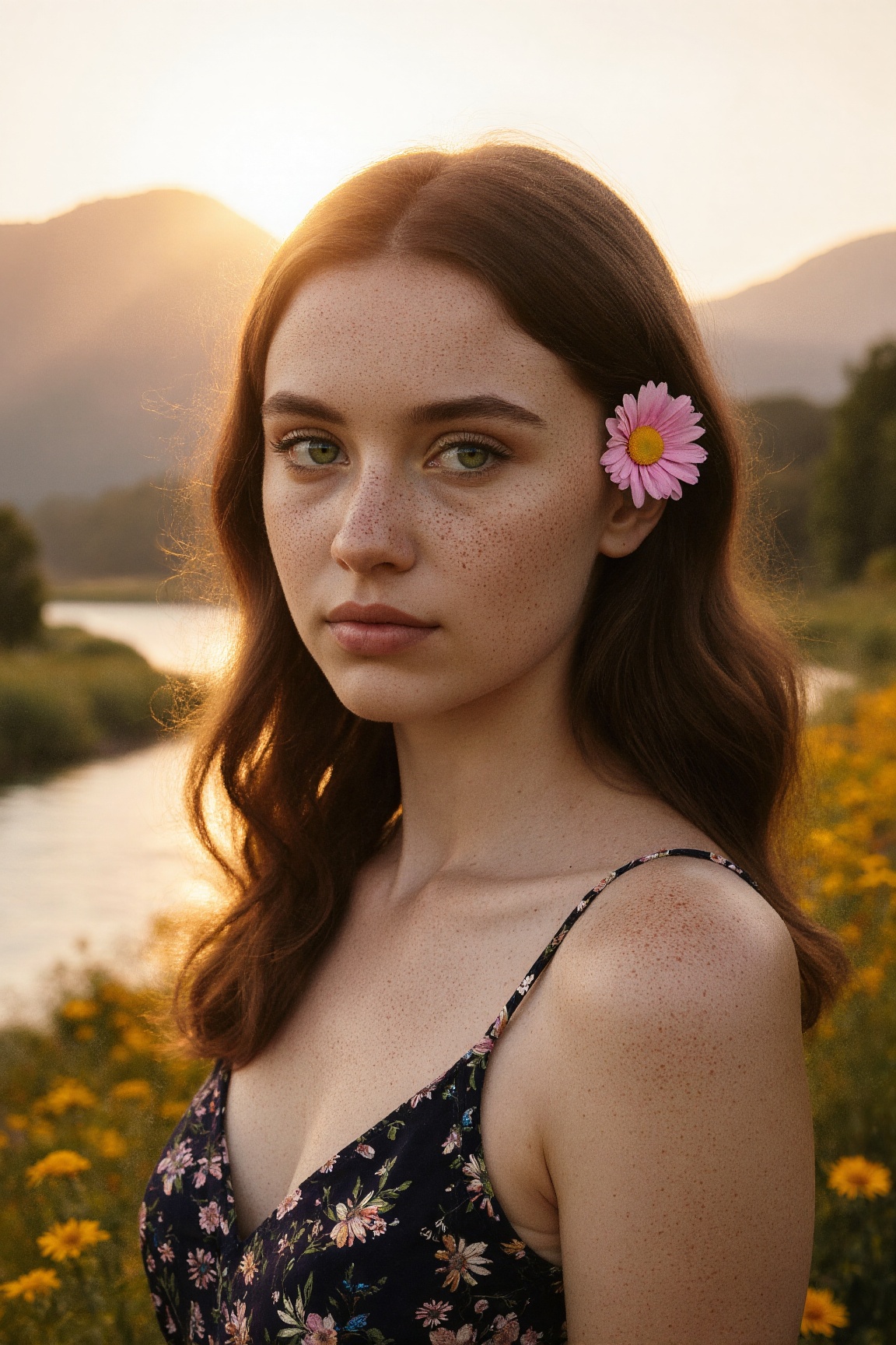 Ultra-realistic portrait of a young woman with soft,  sun-kissed skin and natural freckles,  gazing gently at the viewer....
