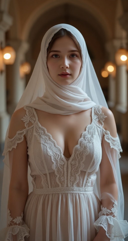 A Byzantine-style girl in a monastery wears a white lace headscarf,  a veil,  and a sheer tulle dress on Tensor.Art