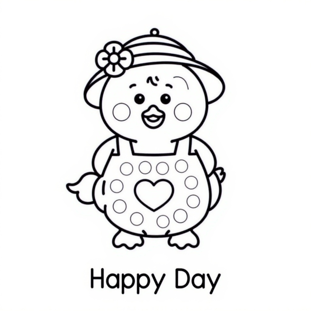 Do a dot art,  coloring book style,  Below image the text: "Happy Day". The image depicts a simple character on Tensor.Art