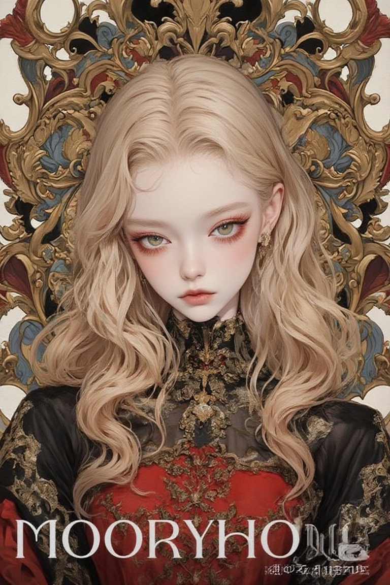 Surreal anime-style portrait in ornate dreamy atmosphere,  ethereal makeup,  gold red black dress on Tensor.Art