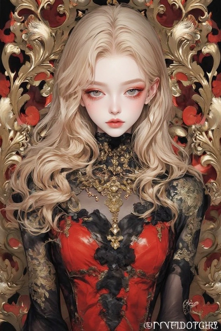 Surreal anime-style portrait in ornate dreamy atmosphere,  ethereal makeup,  gold red black dress on Tensor.Art