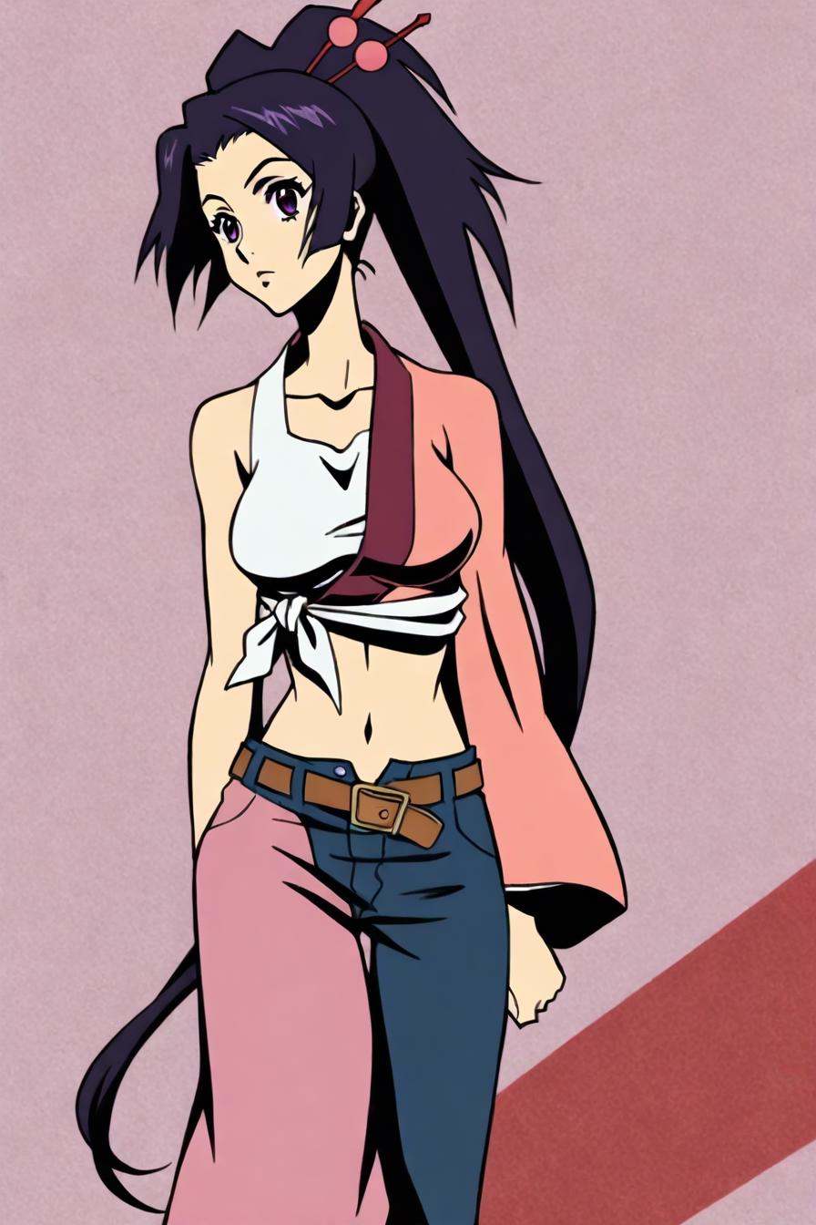asymmetrical clothes,  navel,  purple eyes on Tensor.Art