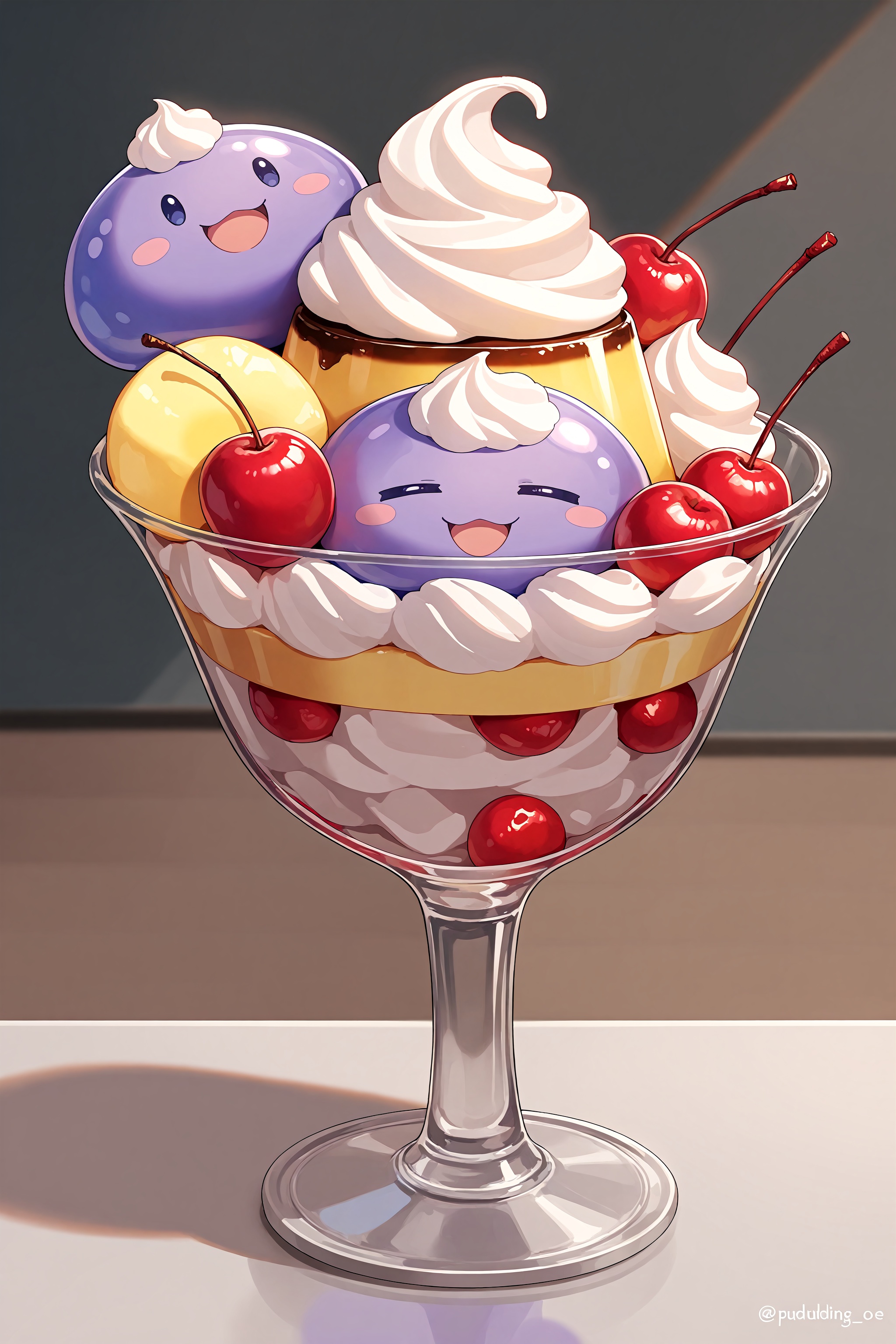 masterpiece,  best quality,  king slimeï½¤pudding-colored skinãwhipped cream and cherries on the head in a glass contain...