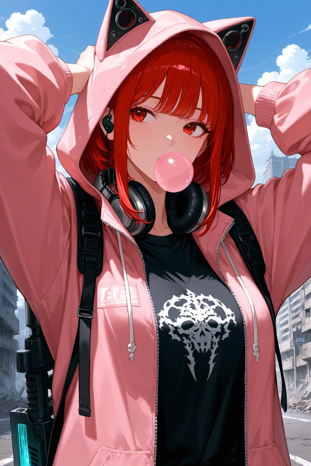 masterpiece, best quality, very aesthetic, ultra-detailed, absurdres, upper body, facing viewer, hands behind own head, 1girl, solo, look away, red hair, medium hair, choppy bangs, himecut, sidelocks, red eyes, bubble gum, pink hoodie, hood up, black shirt, techwear, plasma rifle, (weapon on own behind), headphone on neck, apocalypse, ruined city, blue sky, street, clouds, sci-fi