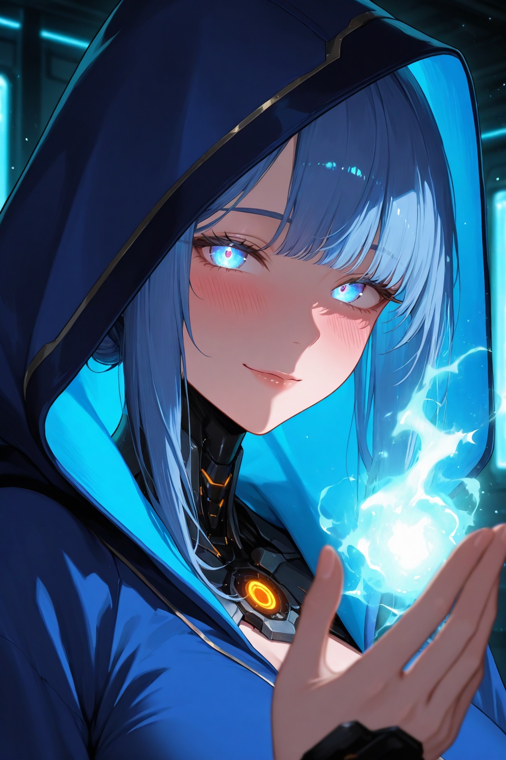 masterpiece, best quality, amazing quality, very aesthetic, high resolution, ultra-detailed, absurdres, newest, 8k UHD, close up, cyborg, 1girl, solo, look at viewer, short blue hair, bobbed hairstyle, bangs, slight smile, happy face, blushing, glowing eyes, cyberpunk, indoors, sorceress, blue robe, hood, magic, fantasy, blue energy aura, blue light particles, neon room