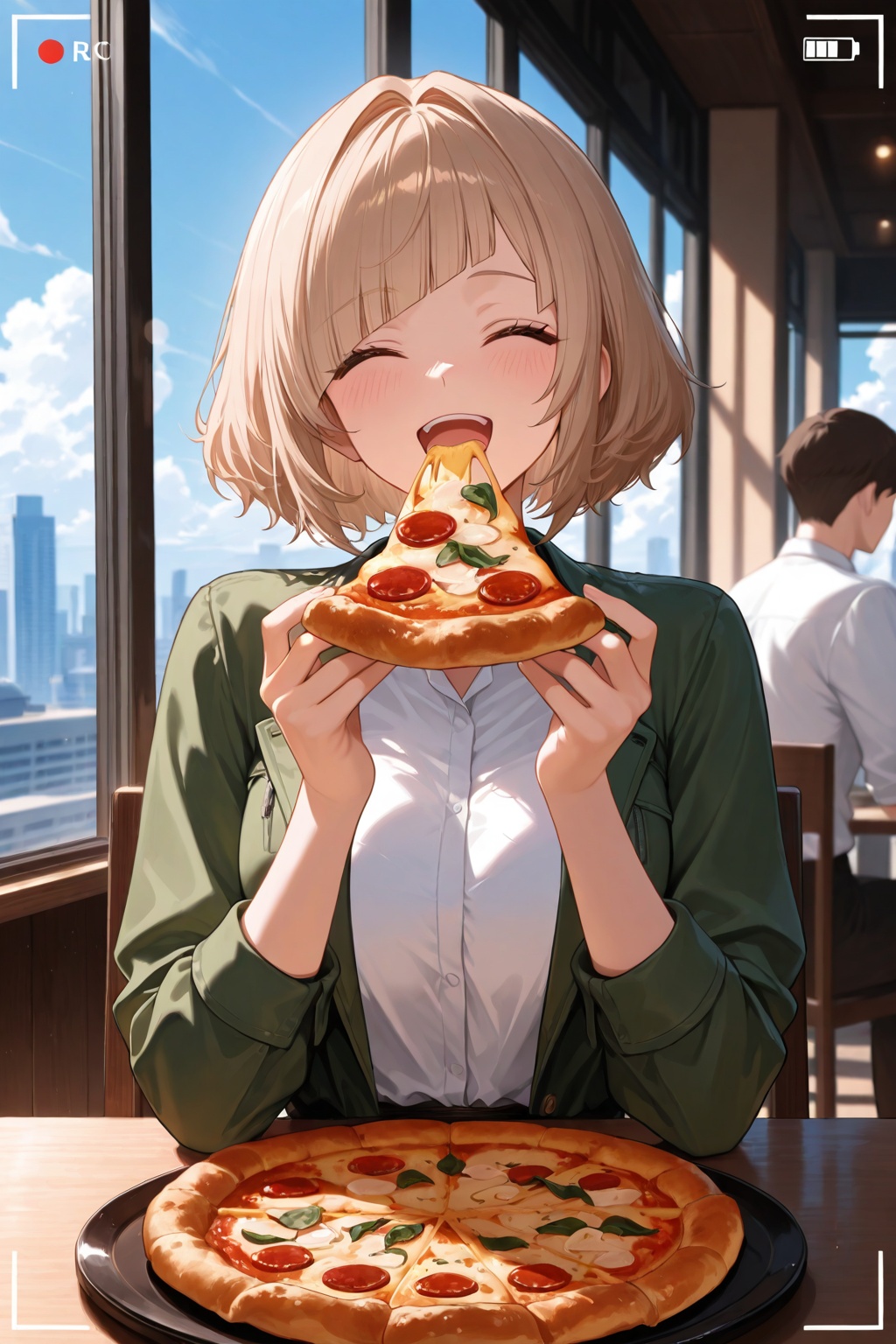 masterpiece, best quality, very aesthetic, ultra-detailed, incredibly absurdres, viewfinder, facing view, upper body, 1girl, solo focus, eating pizza, light brown hair, short hair, bob cut, hair intakes, wavy hair, diagonal bangs, happy, excited, green jacket, white shirt, restaurant, sitting on chair, table, indoors, volumetric lighting, window, city, blue sky, clouds, sunlight, shade