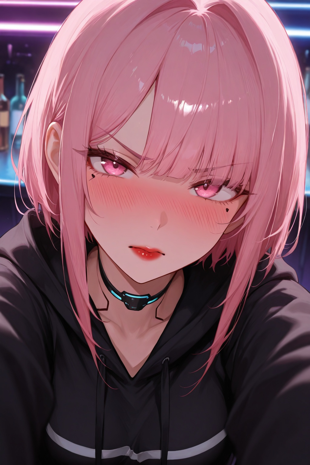 masterpiece, best quality, amazing quality, very aesthetic, high resolution, ultra-detailed, absurdres, newest, 8k UHD, POV, close up, 1girl, solo, look at viewer, short pink hair, bangs, pink eyes, red lips, tsundere, blushing, angry cute face, cyberpunk style, bar, standing, black hoodie, red shirt