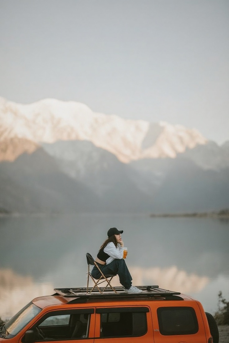 A young woman sits contemplatively on a folding chair atop an orange SUV roof rack,  holding a beer,  wearing a black crop...