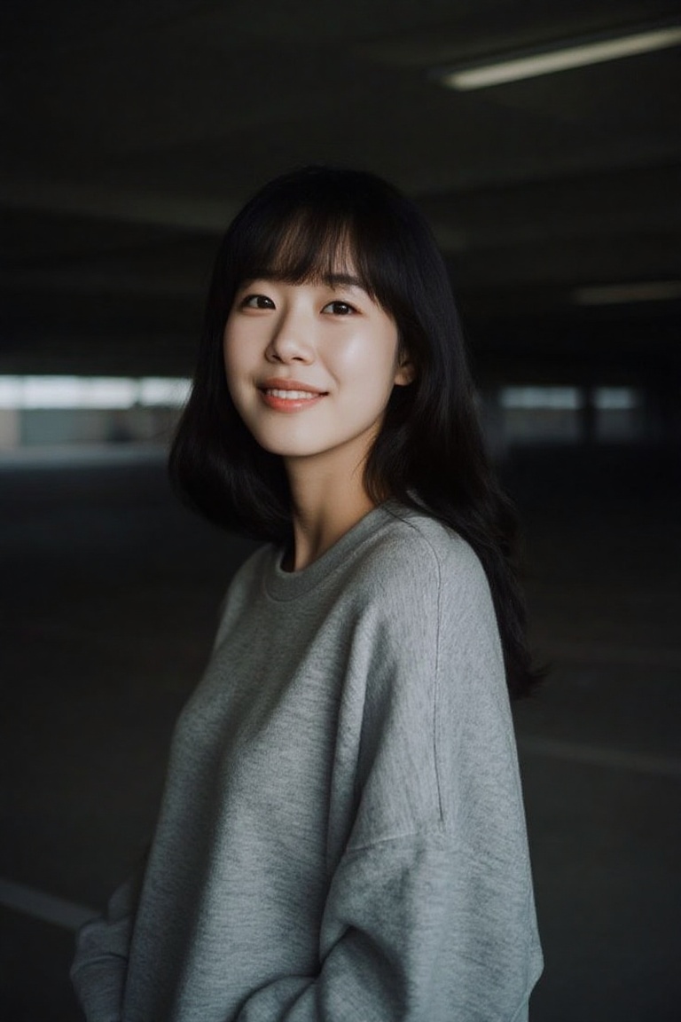 A captivating portrait of a young Asian woman with dark hair and bangs,  wearing a casual oversized sweatshirt,  gazing ba...