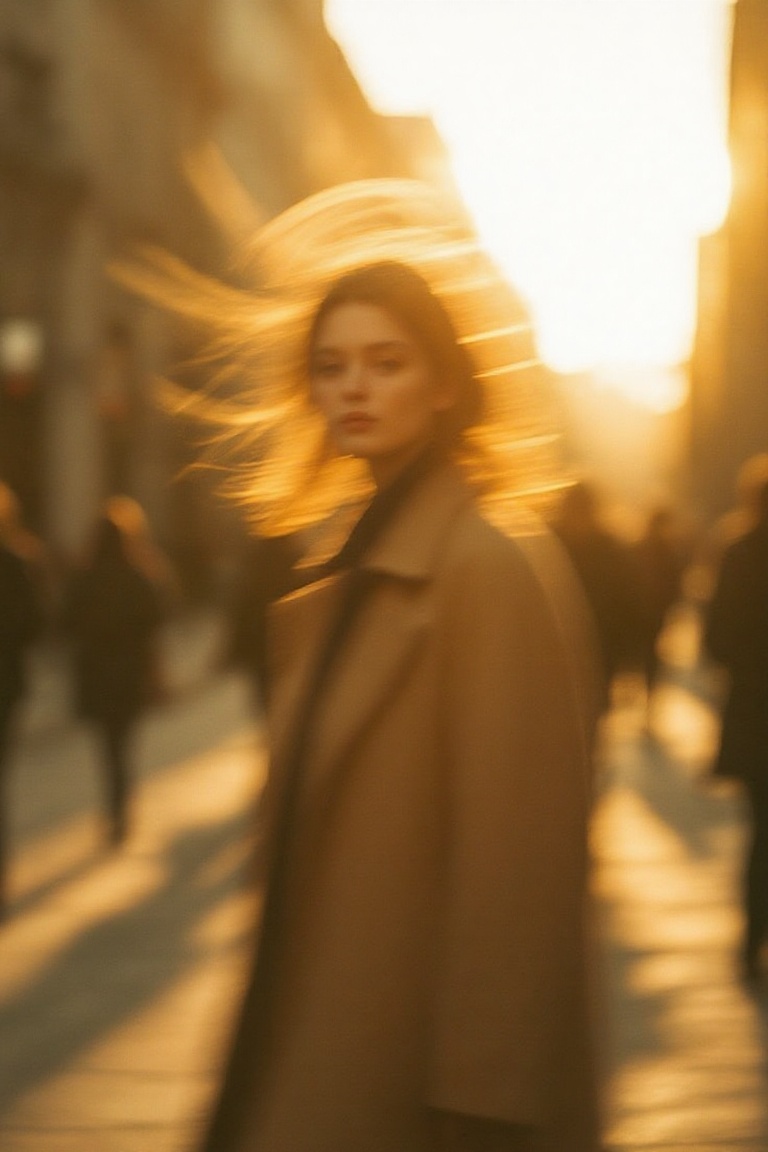 A young woman with windswept blonde hair,  wearing a tan coat,  walking on a sunlit city street with motion blur on Tensor...