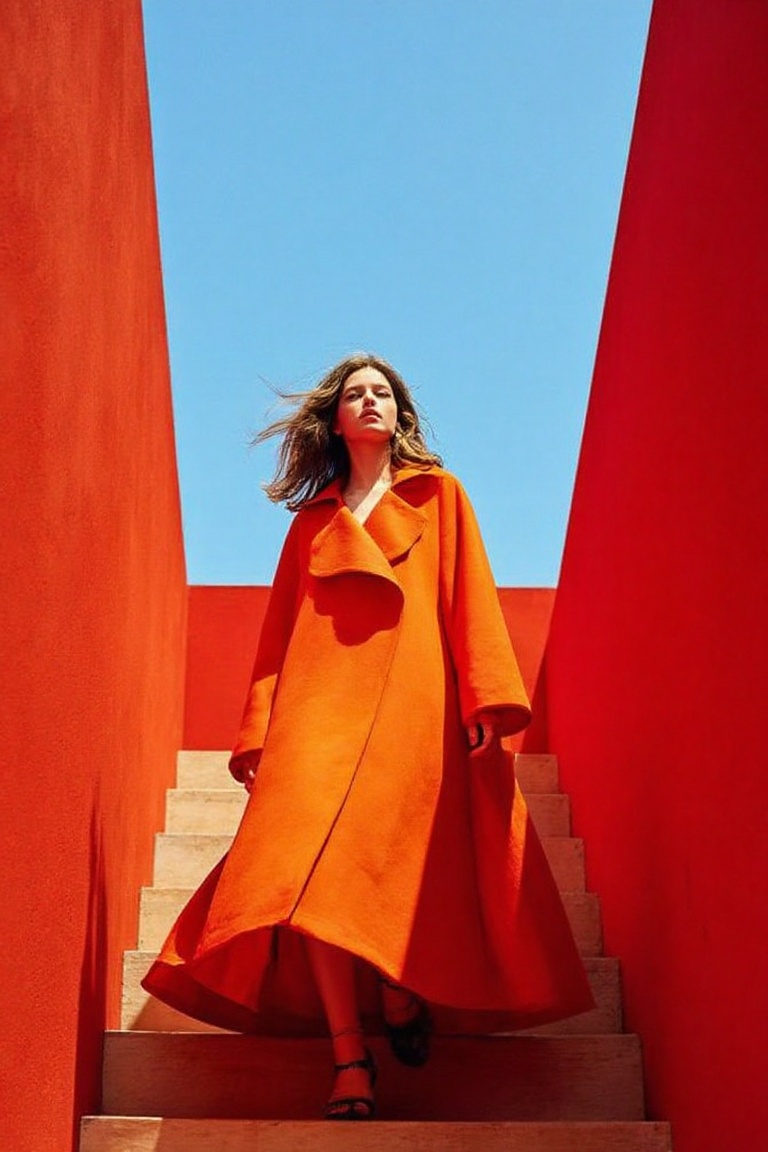 A striking photograph of a young woman with flowing brown hair confidently descending a sun-drenched staircase,  wearing a...