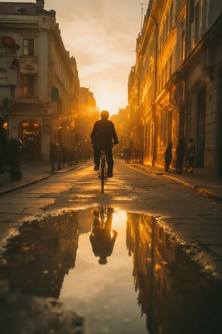 Urban street at sunset with cyclists riding through a sunlit street,  a large puddle reflecting the sky and buildings,  go...