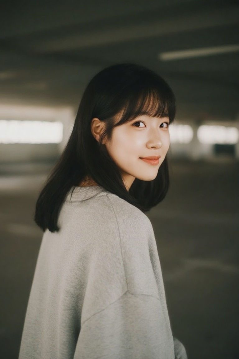 A captivating portrait of a young Asian woman with dark hair and bangs,  wearing a casual oversized sweatshirt,  gazing ba...