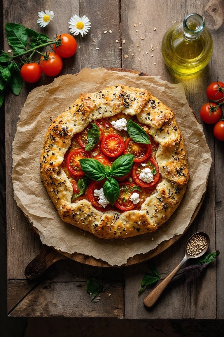 Overhead shot of a rustic tomato galette with feta and basil on parchment,  wooden board,  heirloom tomatoes on Tensor.Art