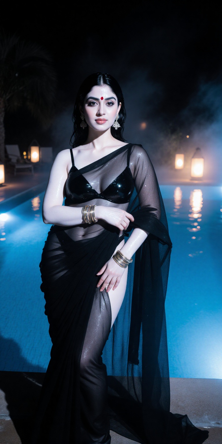 A highly detailed photorealistic portrait of an elegant Indian woman at a night-time poolside,  draped in a wet black tran...
