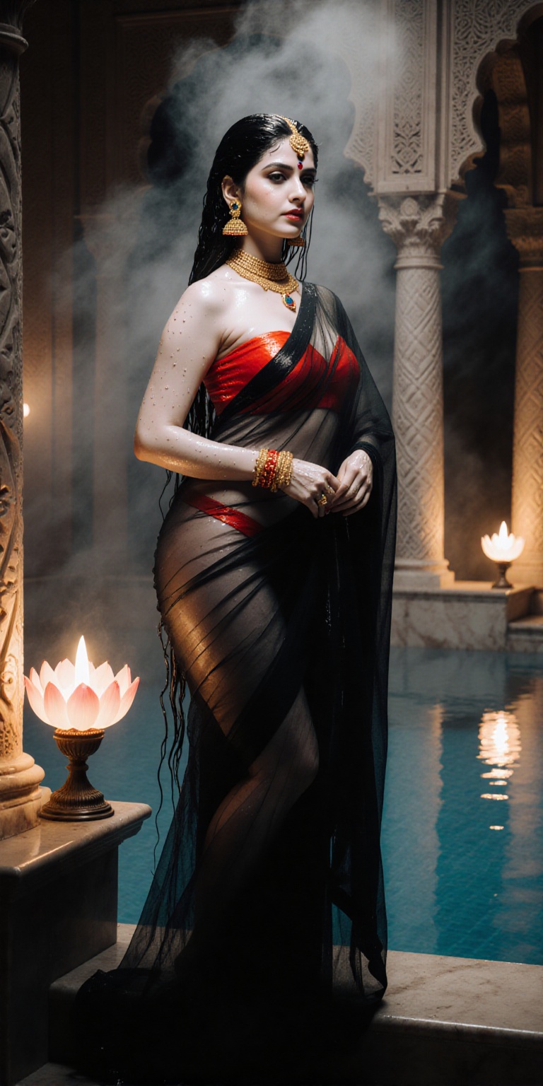 A hyper-detailed photorealistic portrait of an elegant Indian woman at a royal palace bathing pool,  surrounded by carved...