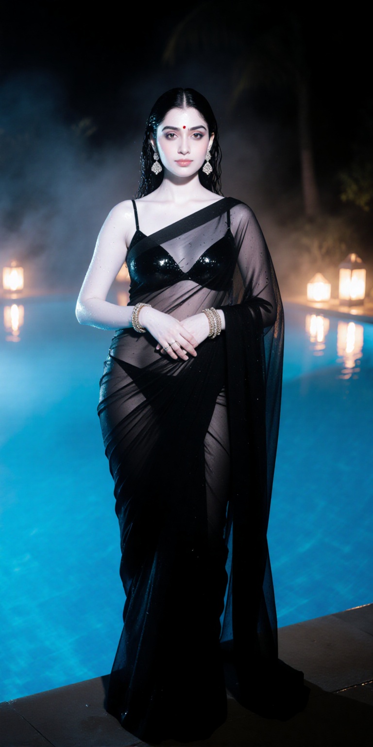 A highly detailed photorealistic portrait of an elegant Indian woman at a night-time poolside,  draped in a wet black tran...