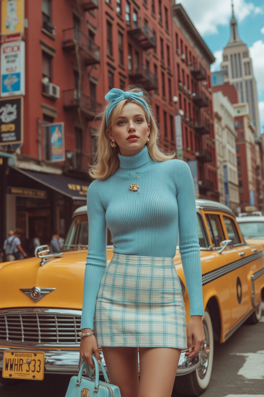 midjourney photograph. A young blonde American woman is standing on a city street,  dressed in a retro-inspired outfit. Sh...