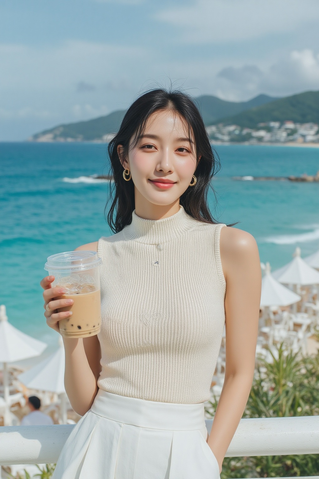 midjourney photograph. On the left,  a Korean model is standing outdoors near a beach. She is holding a transparent plasti...