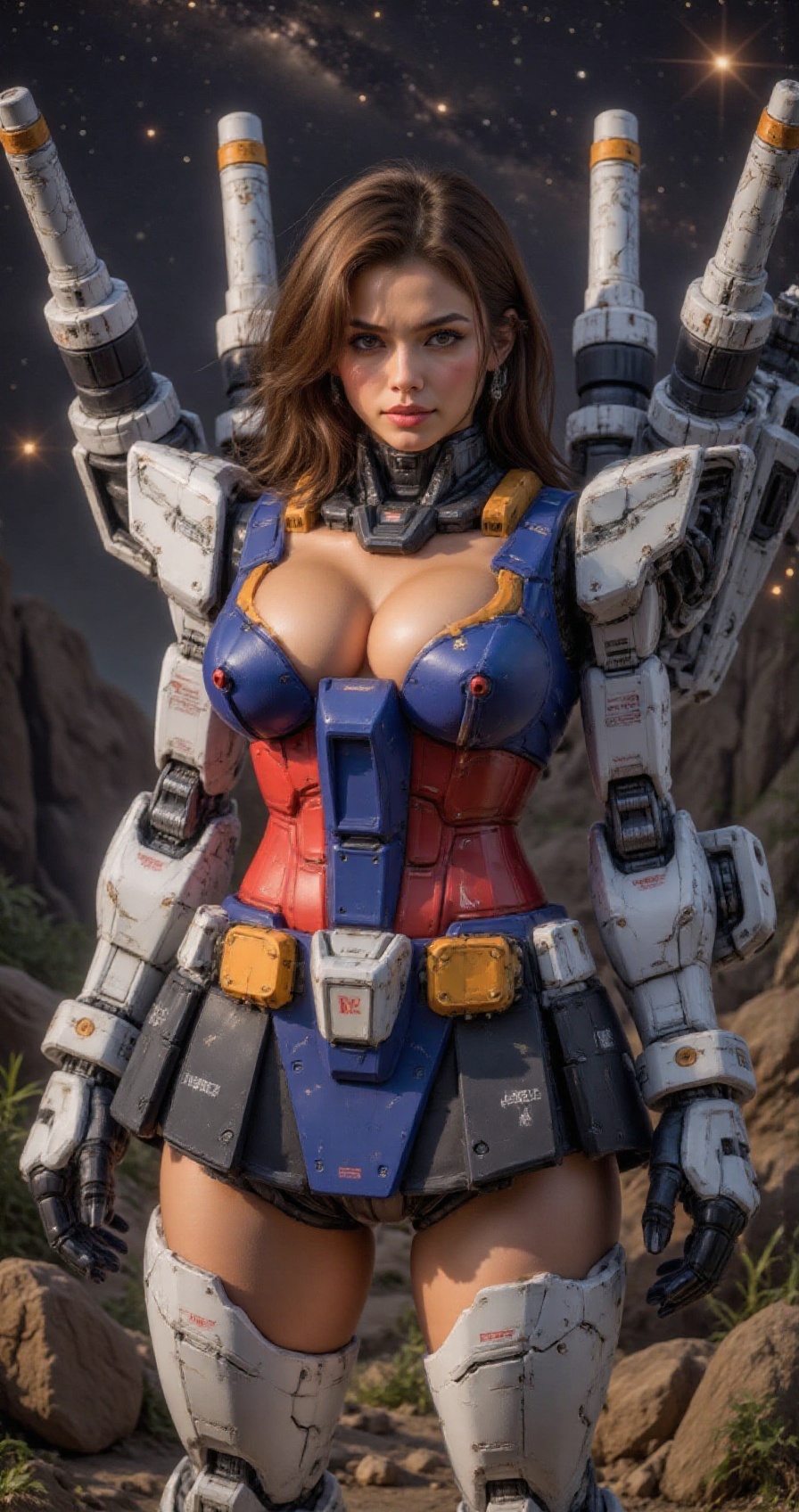 gundamgirlmecha,  gorgeous voluptuous sexy female mecha pilot with gundam-inspired tight armor in deep v-neck,  exposed th...