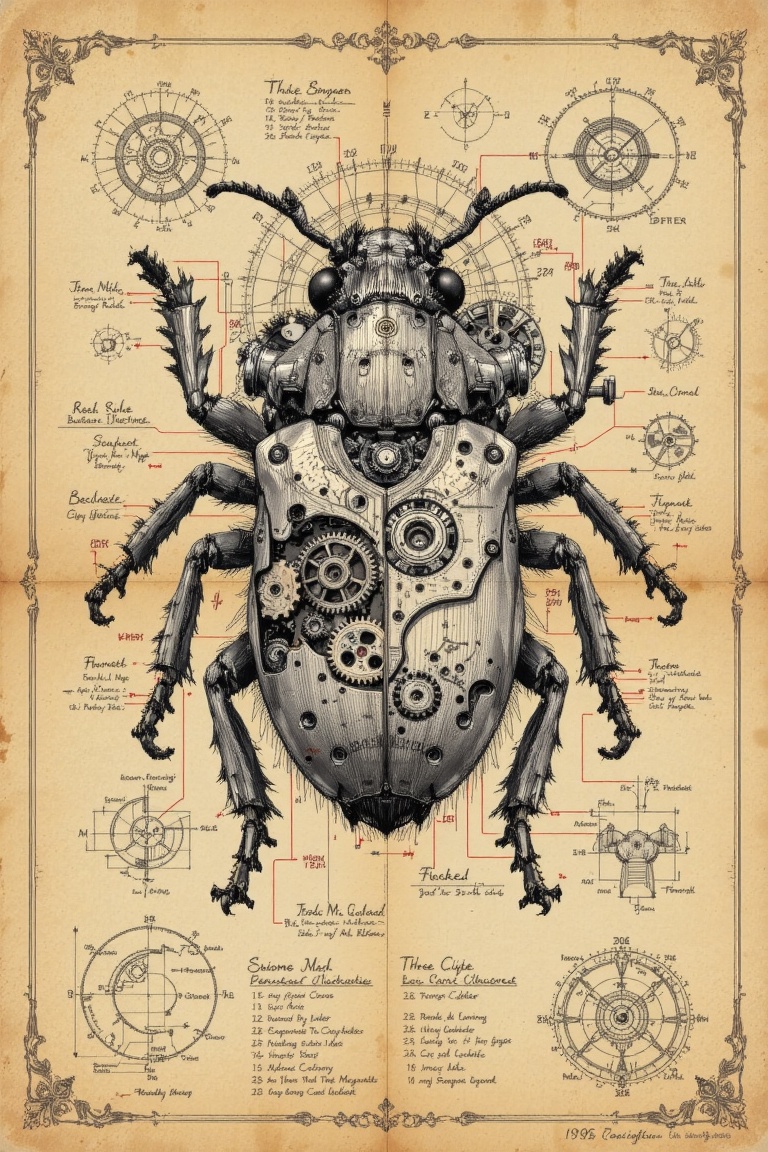 The image depicts a steampunk-style mechanical beetle,  intricately designed with gears,  pipes on Tensor.Art