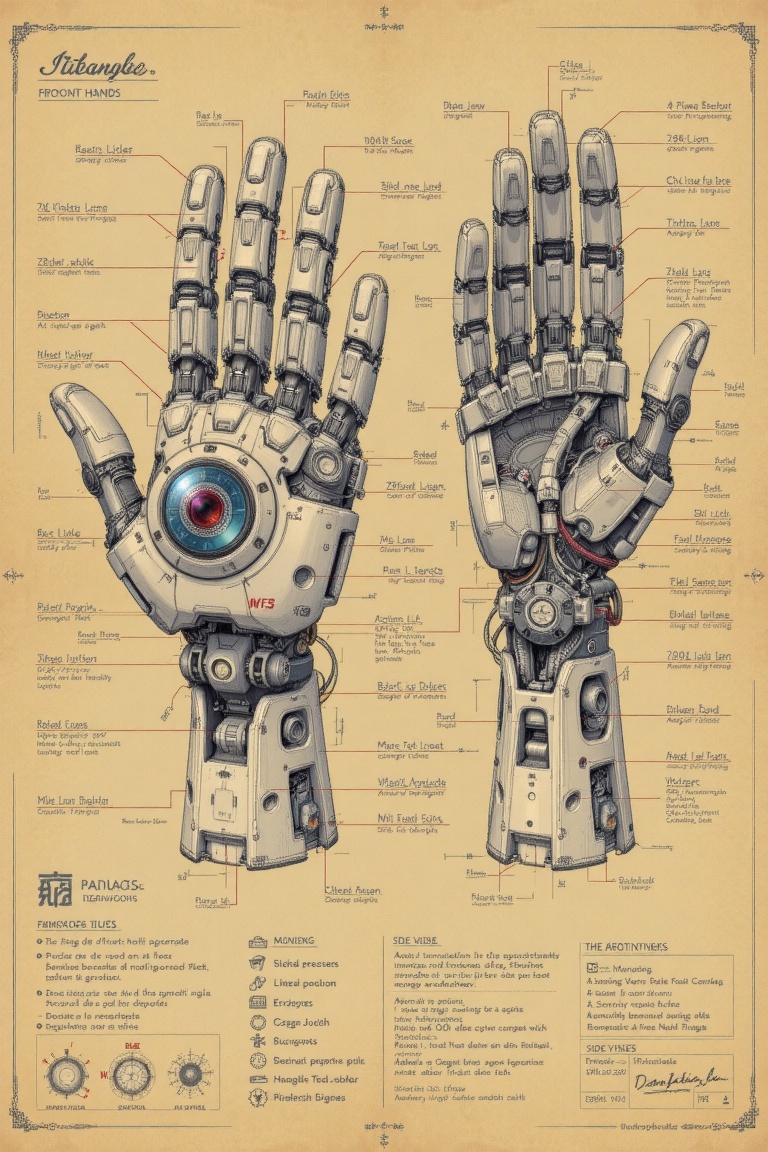 The image depicts a detailed illustration of a futuristic robotic hand,  showcasing both its front and side views. The han...