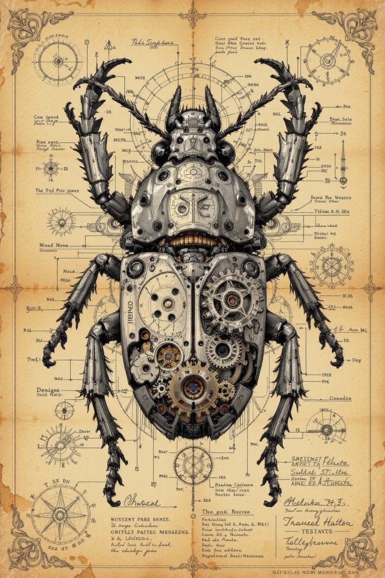 The image depicts a steampunk-style mechanical beetle,  intricately designed with gears,  pipes on Tensor.Art