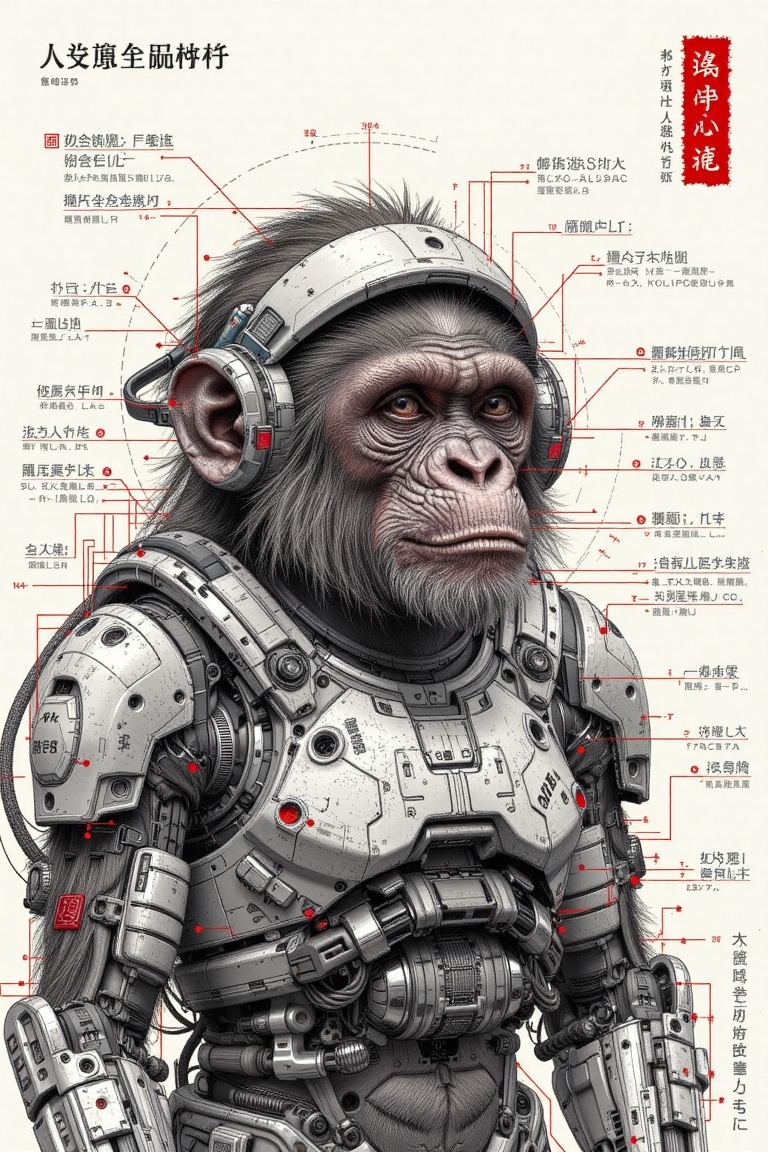 The image depicts a highly stylized and futuristic depiction of a chimpanzee wearing advanced cybernetic gear. The chimp i...