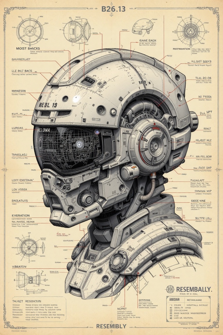 The image depicts a highly detailed and intricate design of a futuristic helmet,  likely from a science fiction context. T...