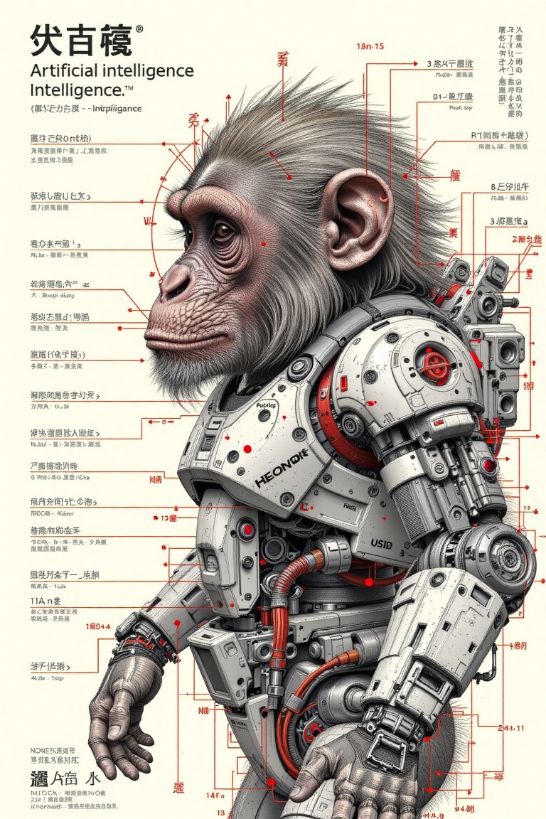 The image depicts a highly stylized and futuristic depiction of a chimpanzee wearing advanced cybernetic gear. The chimp i...