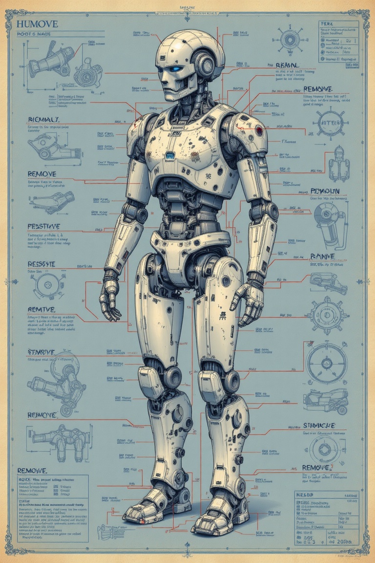 The image depicts a detailed blueprint of a humanoid robot,  showcasing intricate mechanical components and annotations. T...