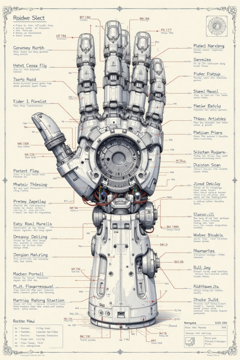 The image depicts a detailed illustration of a futuristic robotic hand,  showcasing both its front and side views. The han...