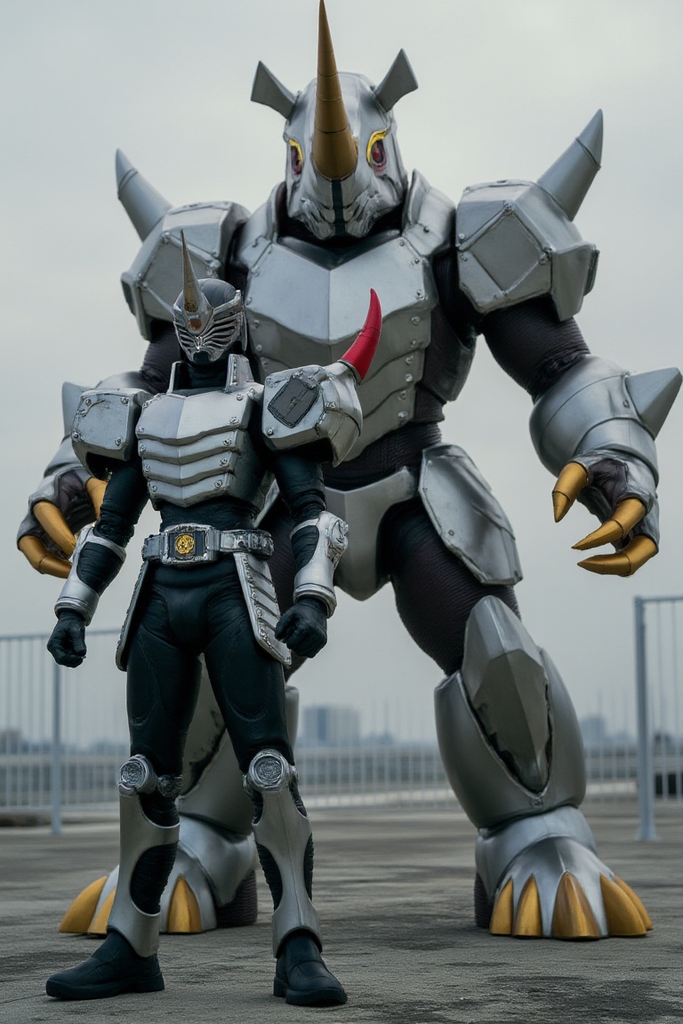 black and gold armor with horned helmet (kamenridergai) and mecha companion giant silver rhino robot with gold claws as (m...