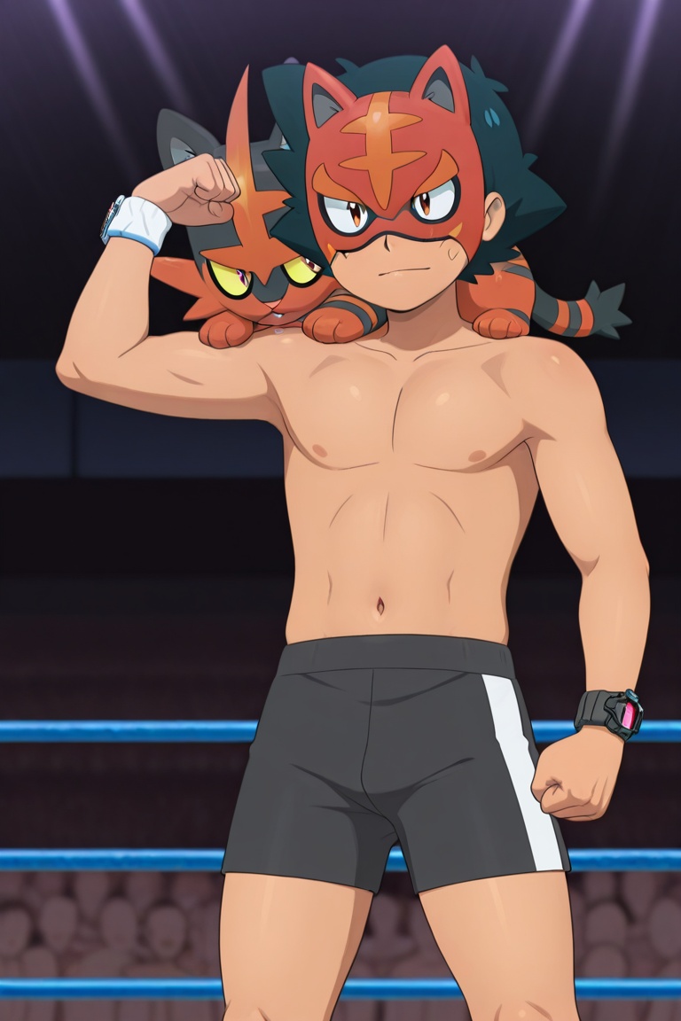 2characters,  different species,  torracat and Ash ketchum on Tensor.Art